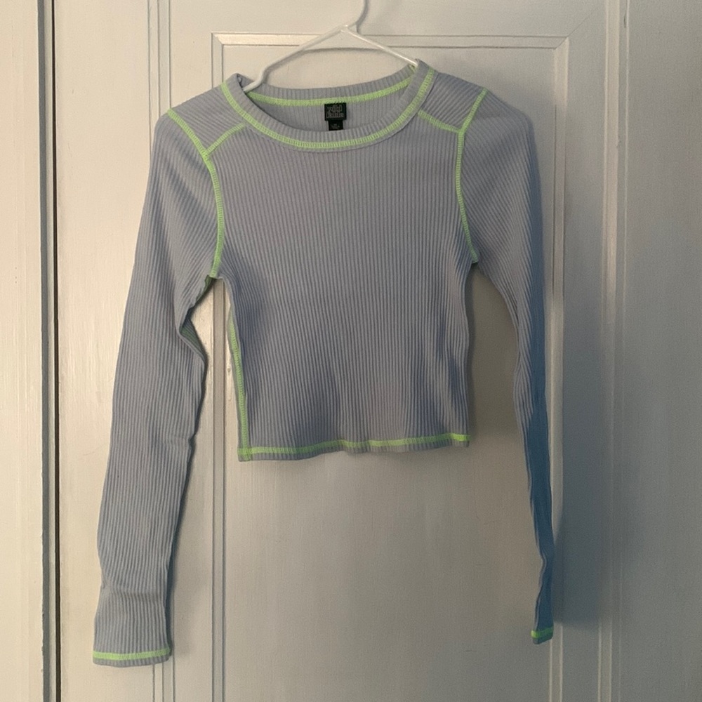 Wild Fable Blue Neon Green Stitching Ribbed Cropped Long Sleeve Top